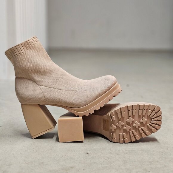 Shoes - Chunky Heel Ankle Boots With Sock Knit Upper & Lug Sole In Nude